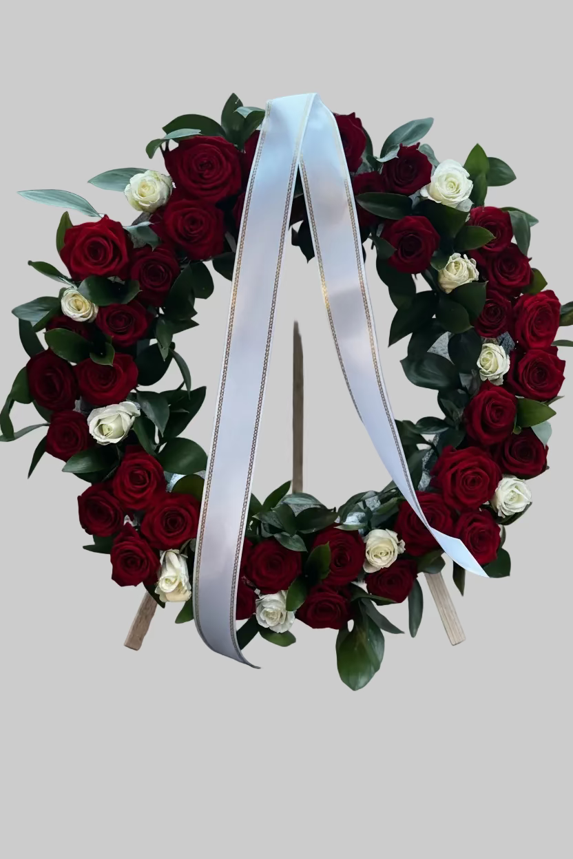 Coroană funerară trandafiri albi și roșii